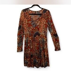 Boho Hippie Earth toned Rust Multi-Print Long Sleeve Women's Dress size S